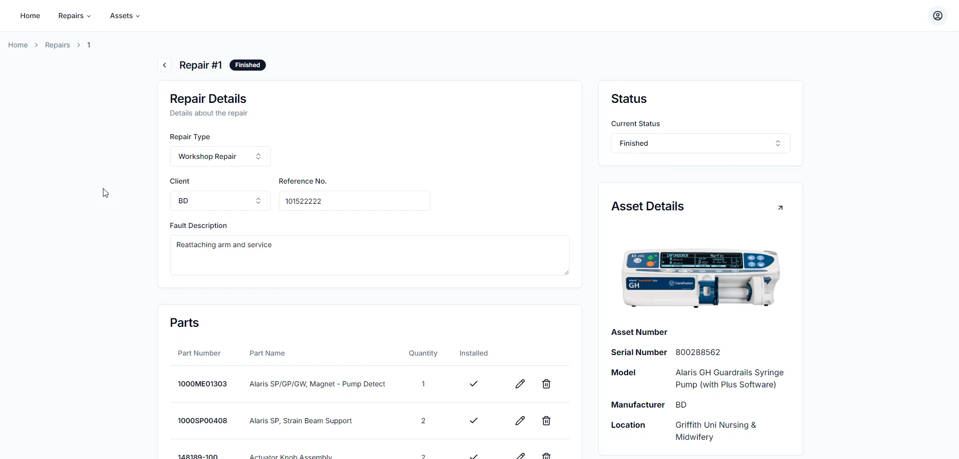 Screenshot of Workshop Repairs Web App